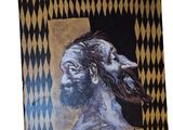 painting of a man with a beard and a goat on a black and gold checkered background