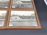 four framed photographs of a horse race in a display case