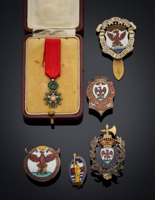 an assortment of medals and pins are displayed in a case