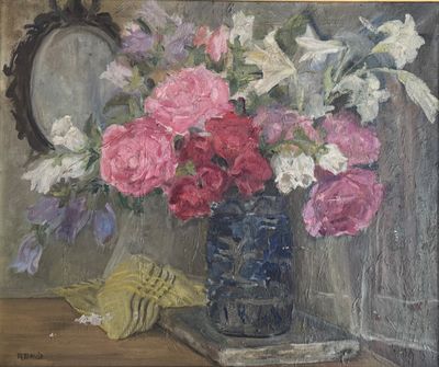 a painting of flowers in a blue vase on a table