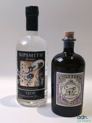 deux bouteilles d'alcool posées l'une à côté de l'autre sur une table