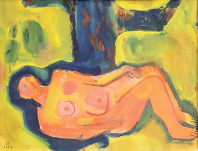 une image représentant un tableau où l'on voit une femme allongée par terre