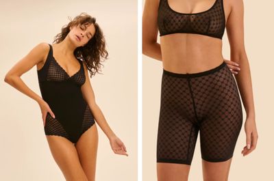 deux photos d'une femme vêtue d'un body noir et d'une femme portant un maillot de bain une pièce noir