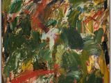an abstract painting of green, red, and yellow on a white background
