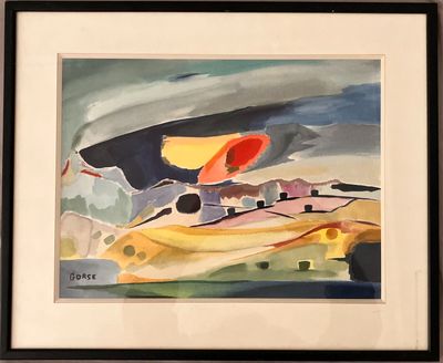 framed watercolor painting of a landscape with a red sun in the sky