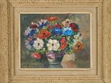 an oil painting of a vase of flowers on a table
