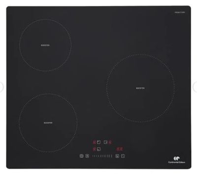 une plaque à induction noire à quatre feux sur fond blanc