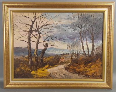 une peinture à l'huile représentant un homme marchant sur un chemin de terre dans les bois
