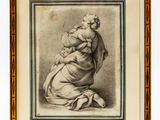 a drawing of a woman sitting on the ground holding a baby