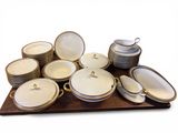 many plates and bowls on a tray on the table