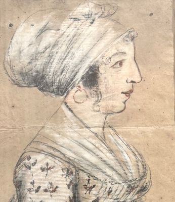 an old drawing of a woman with a turban on her head
