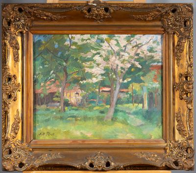 une peinture à l'huile représentant une maison dans un cadre boisé, avec des arbres et de l'herbe