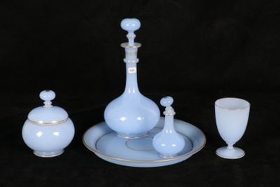 a picture of a set of blue and white glass items