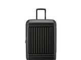 the black suitcase is sitting on wheels on a white surface