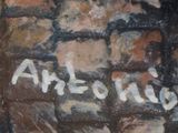 painting of a group of people standing in front of a brick wall