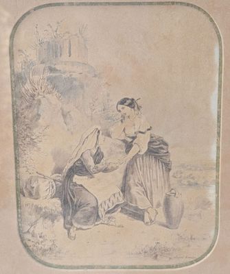 tableau représentant une femme assise par terre à côté d'un homme