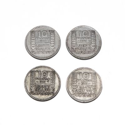 FRANCE 4 pièces de 10 Francs en argent datée 1929, 1931, 193…