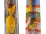 two vases with different designs on them on a white background