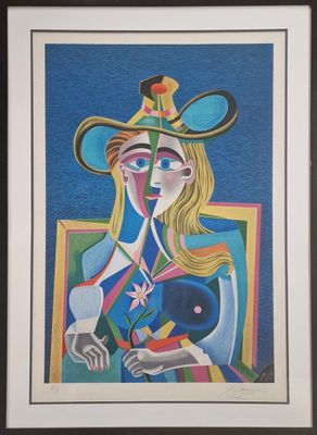 a painting of a woman with a hat holding a flower