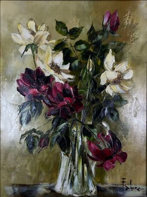 a painting of flowers in a vase on a table
