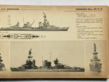 an old book opened to show a picture of a battleship and other ships
