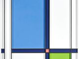 une peinture abstraite représentant une fenêtre à panneaux bleus, verts, rouges et blancs