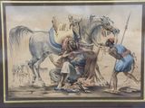 painting of a man sitting on the ground with a horse in front of him and another man standing next to him