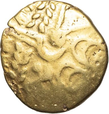 a gold coin with a design on it on a white background