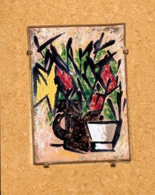 a picture of a painting of a cat and a potted plant