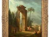 a painting of a painting of people and animals near a gate