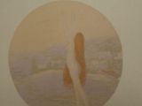 a picture of a painting of a woman standing in the water