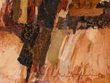 an oil painting of a man holding a cross on a brown background