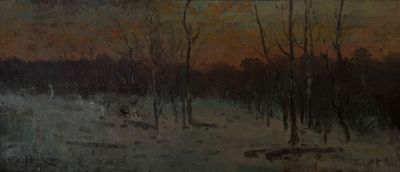 an image of a painting of a snowy landscape with trees in the foreground