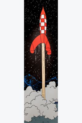 un skateboard surmonté d'une fusée, dans le ciel