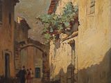 an oil painting of a street scene with people walking down the street