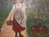 a painting of a woman walking down a path with a basket in her hand
