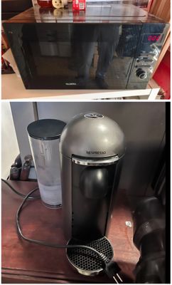 two pictures of a coffee maker and a blender on a table