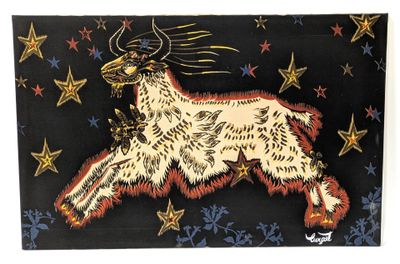 an image of a painting of a goat on a black background with stars