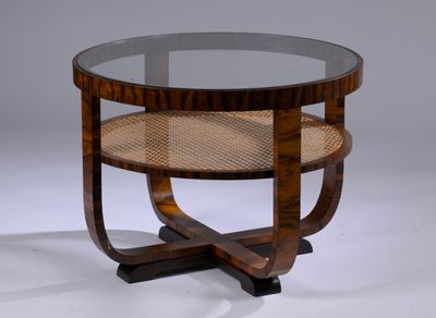 an image of a round table with a glass top and a wooden base