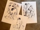 trois dessins représentant un homme et une femme assis sur un canapé