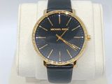 michael kors watch with blue leather strap and gold case