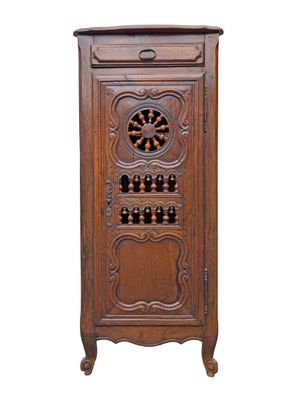 an image of a wooden cabinet with a wine rack on top of it