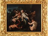 un tableau représentant un groupe d'hommes nus dans un décor boisé