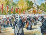 une peinture à l'huile représentant une foule de personnes debout devant un bâtiment