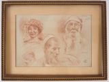 un dessin représentant trois hommes coiffés de chapeaux et portant la barbe, dans un cadre