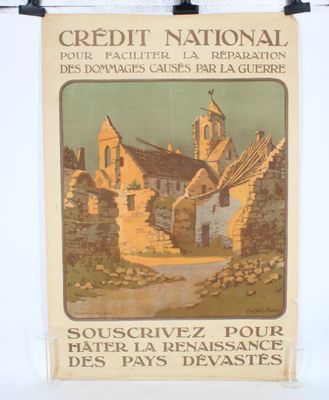 french travel poster of a village with a church in the background