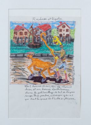 dessin représentant un homme et un chien devant une maison, avec un chien au premier plan