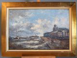 an oil painting of a boat in a body of water with a building in the background