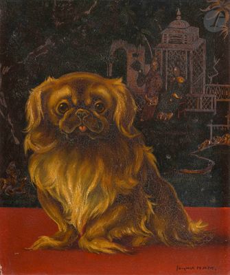tableau représentant un chien assis sur un tapis rouge devant une cage à oiseaux