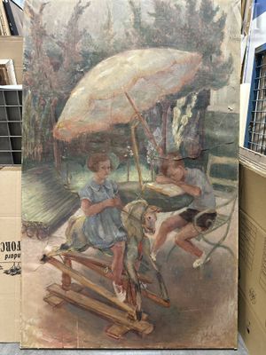 un tableau représentant des enfants sur une luge, avec un parapluie